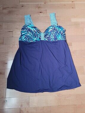 Anne Cole Blue Teal Tropical Pattern One Piece Swimsuit Thick Straps Plus Sz 22W